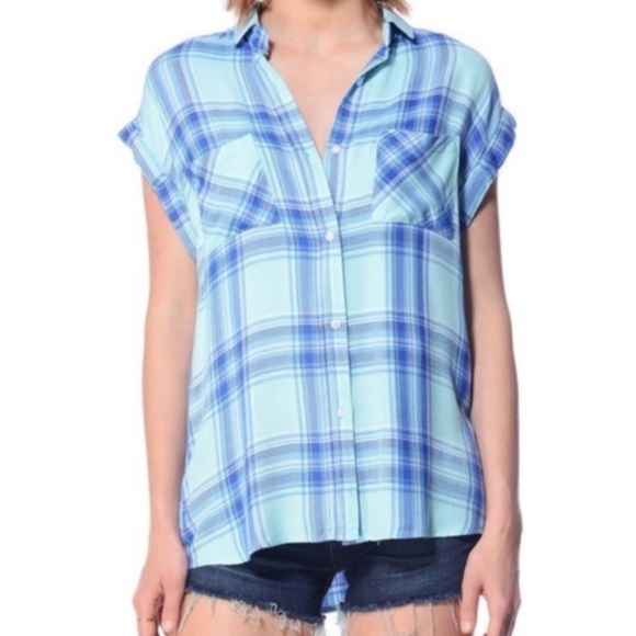 Rails Britt Tartan Plaid Cap Sleeve Button Front Top - Picture 1 of 14